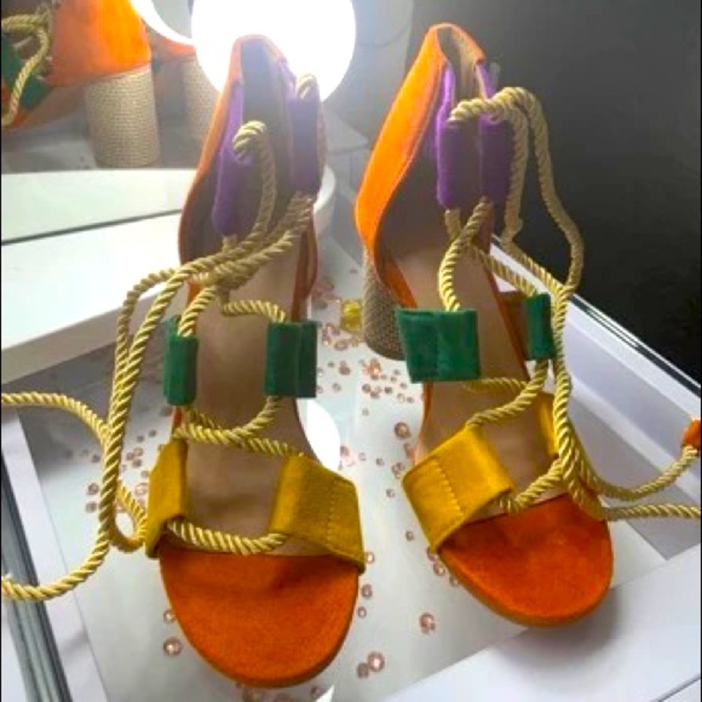 Tricolor 3inch Weaved Block Heel Sandal with Rope Ties Size 10 New